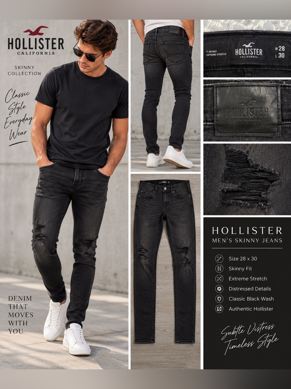 Hollister Men’s Black Distressed Skinny Jeans 28x30 Extreme Stretch